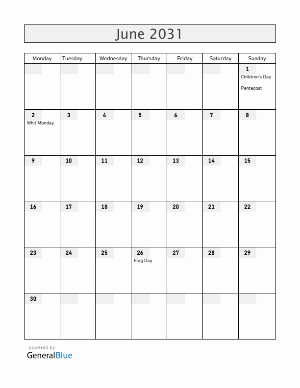 Romania June 2031 Calendar with Holidays