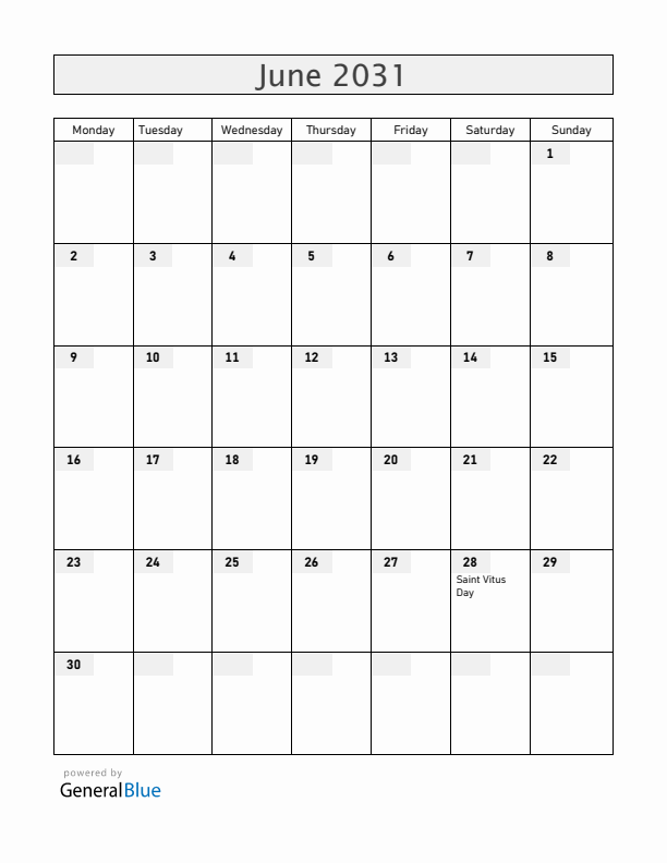 Serbia June 2031 Calendar with Holidays