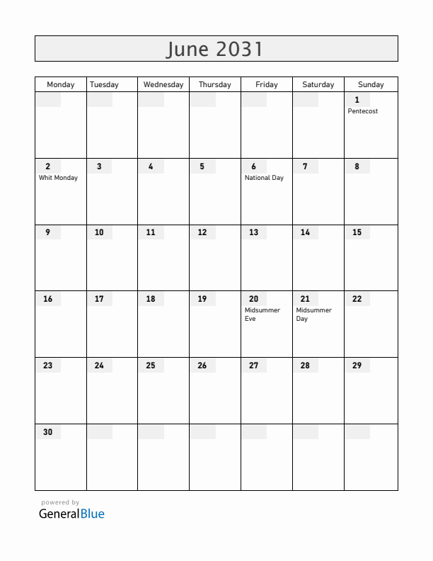 Sweden June 2031 Calendar with Holidays