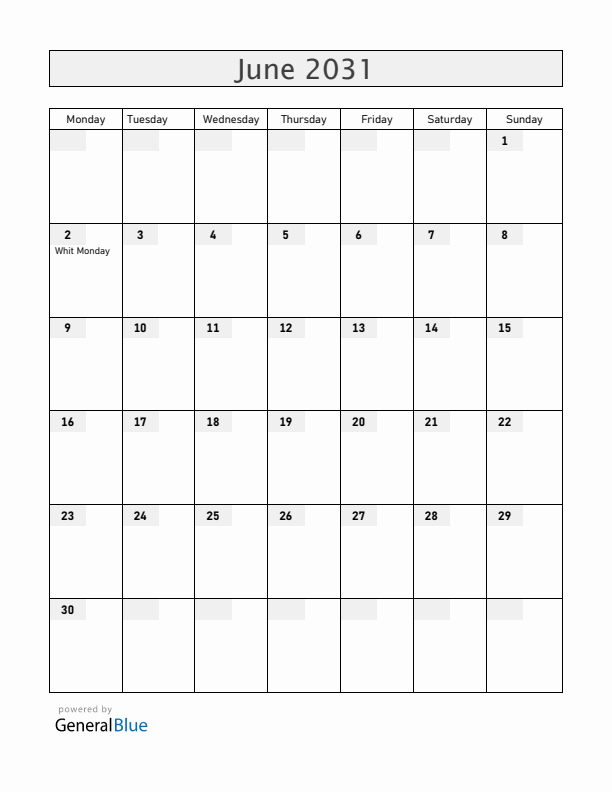 Saint Helena June 2031 Calendar with Holidays