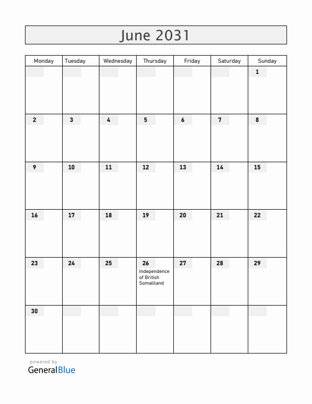 Somalia June 2031 Calendar with Holidays