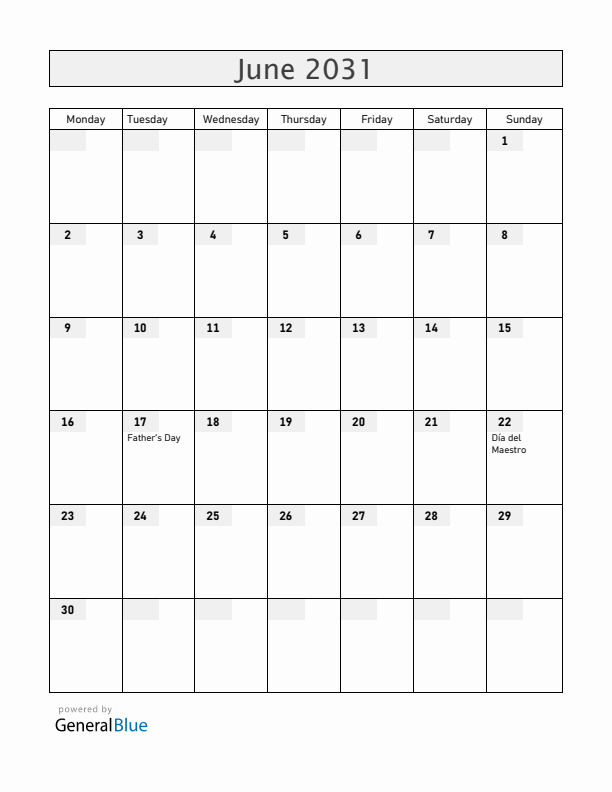 El Salvador June 2031 Calendar with Holidays