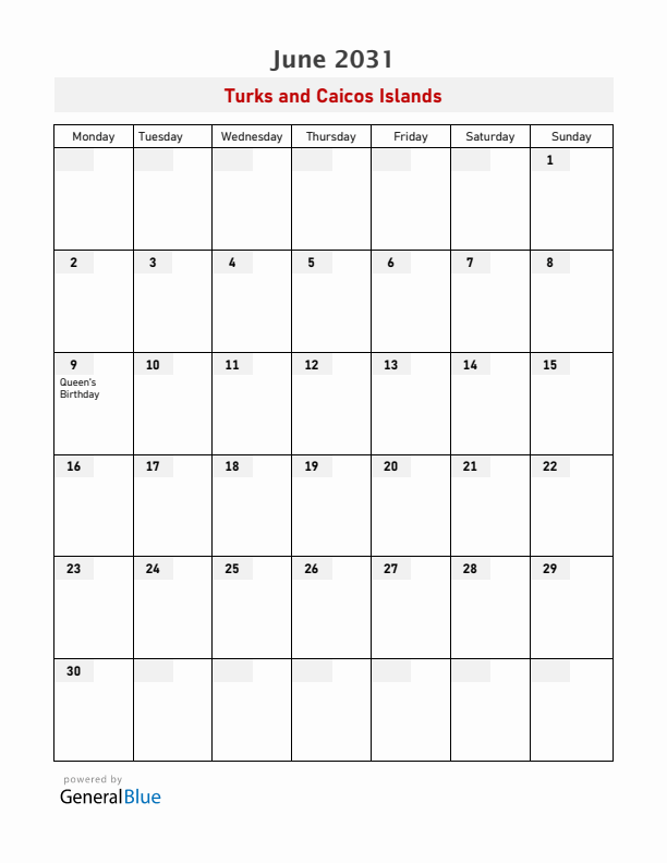 Turks and Caicos Islands June 2031 Calendar with Holidays