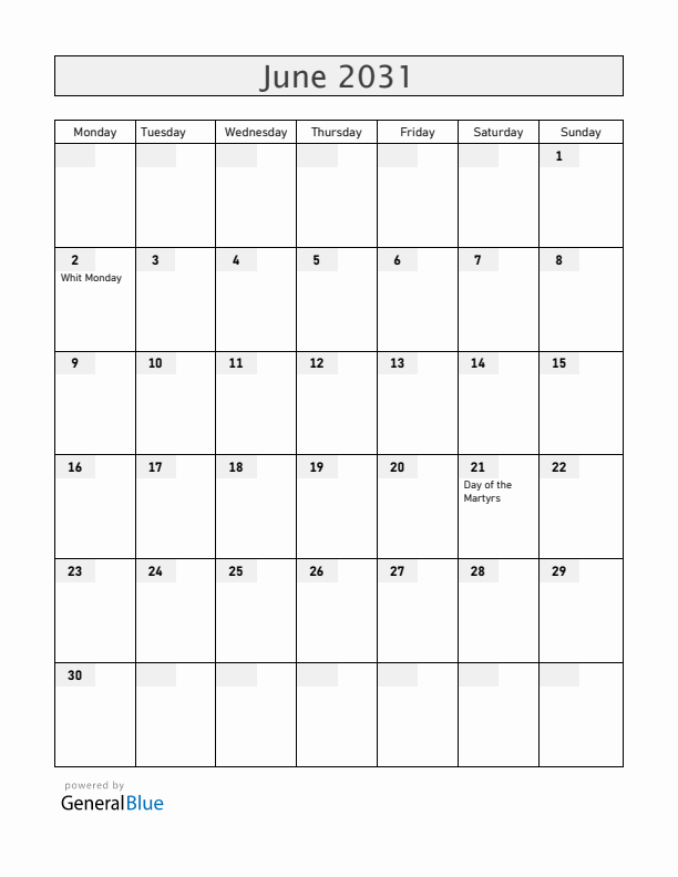 Togo June 2031 Calendar with Holidays