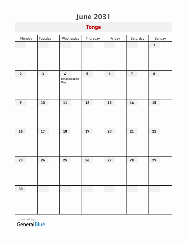 Tonga June 2031 Calendar with Holidays