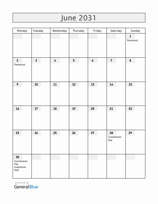 Ukraine June 2031 Calendar with Holidays