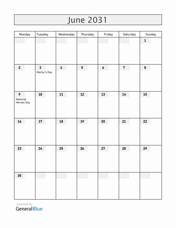 Uganda June 2031 Calendar with Holidays