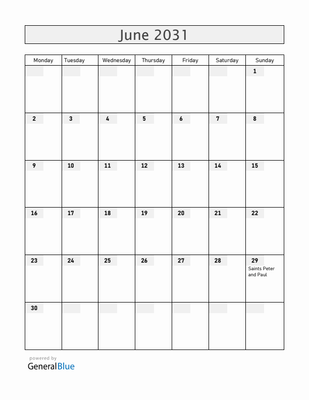 Vatican June 2031 Calendar with Holidays