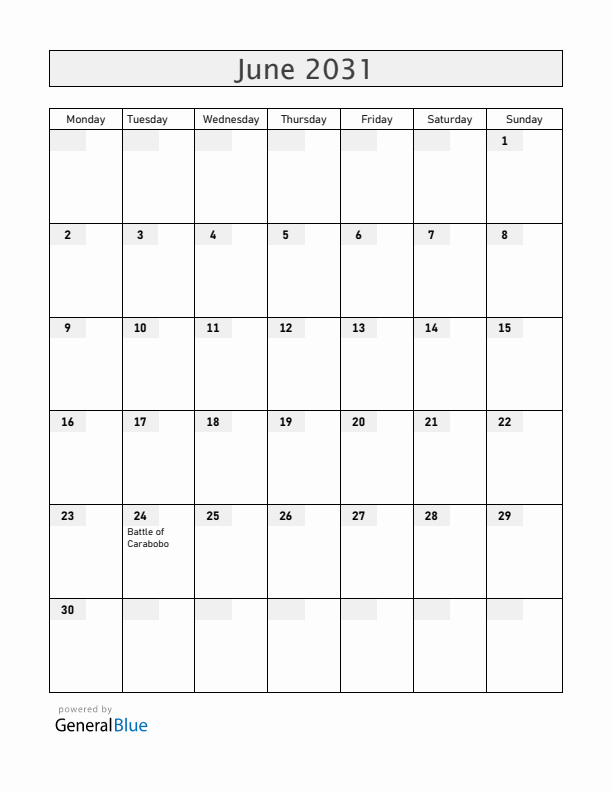 Venezuela June 2031 Calendar with Holidays