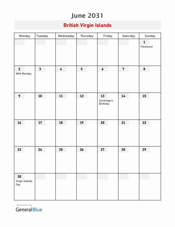 British Virgin Islands June 2031 Calendar with Holidays