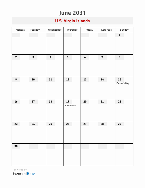 U.S. Virgin Islands June 2031 Calendar with Holidays
