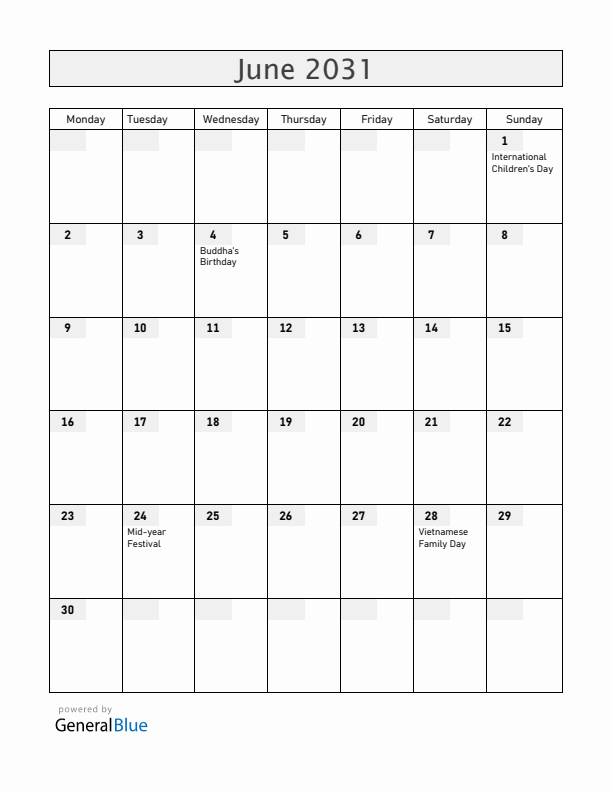 Vietnam June 2031 Calendar with Holidays