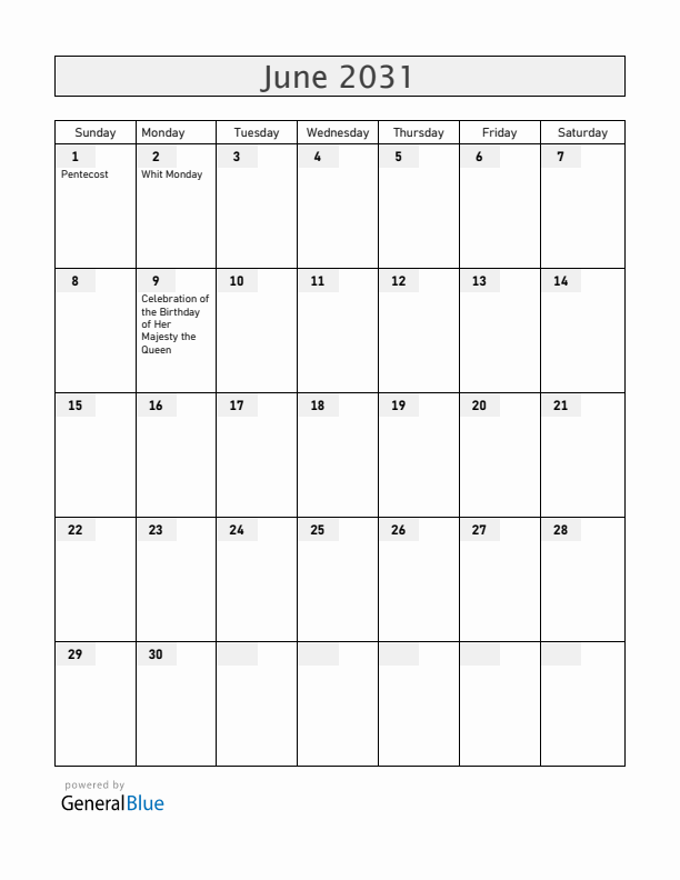 Anguilla June 2031 Calendar with Holidays