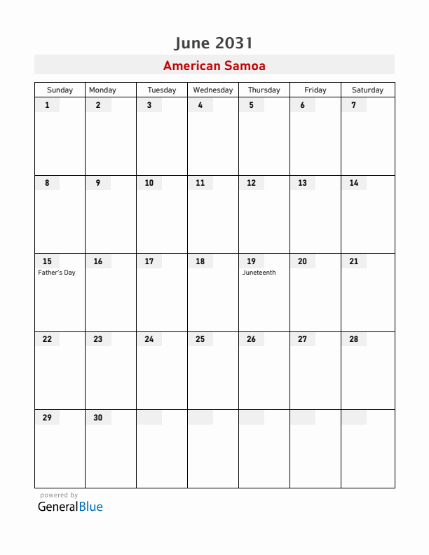 American Samoa June 2031 Calendar with Holidays