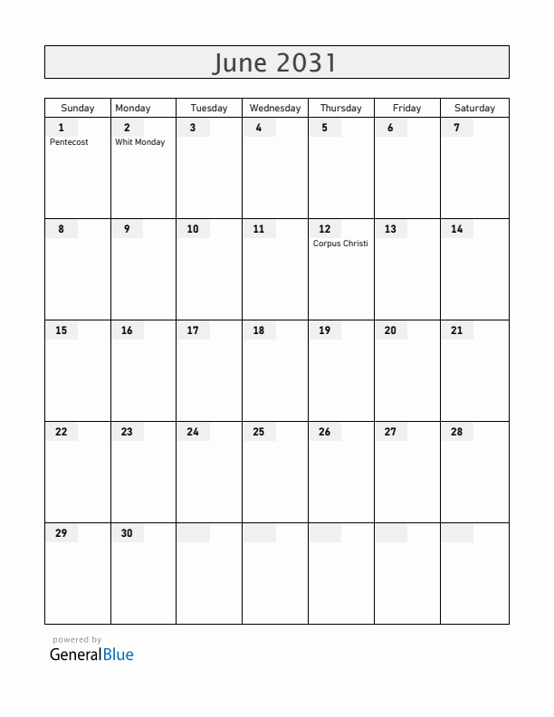 Austria June 2031 Calendar with Holidays