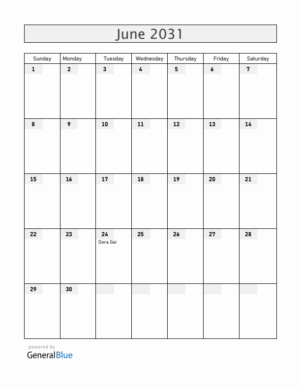 Aruba June 2031 Calendar with Holidays