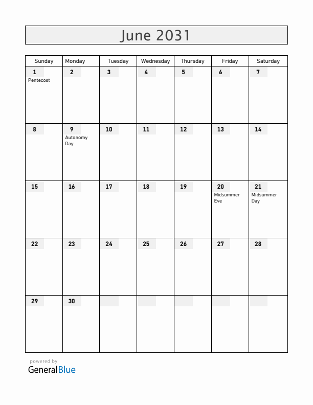 Aland Islands June 2031 Calendar with Holidays