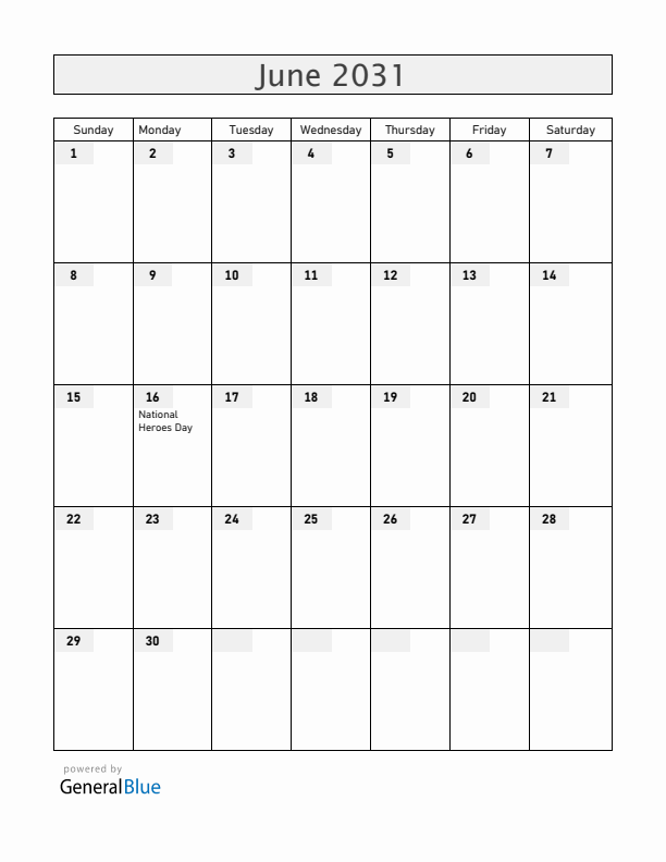 Bermuda June 2031 Calendar with Holidays