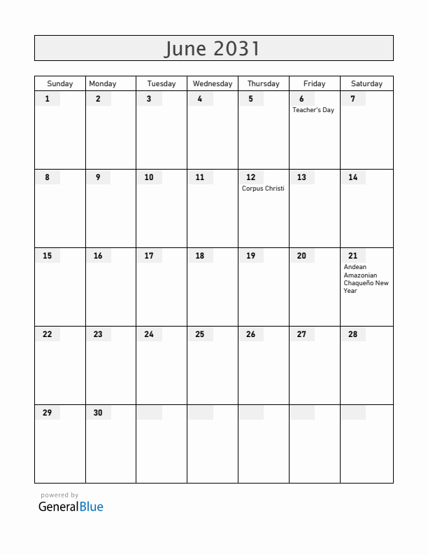 Bolivia June 2031 Calendar with Holidays