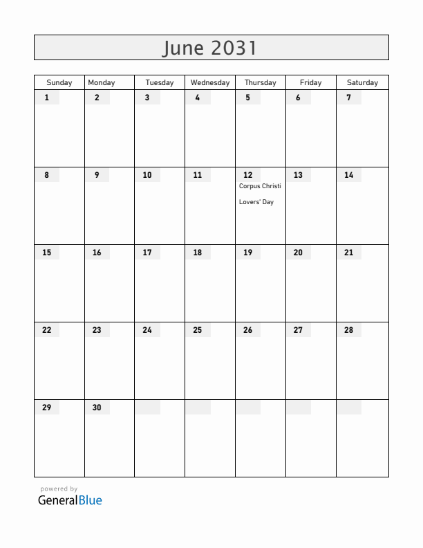 Brazil June 2031 Calendar with Holidays