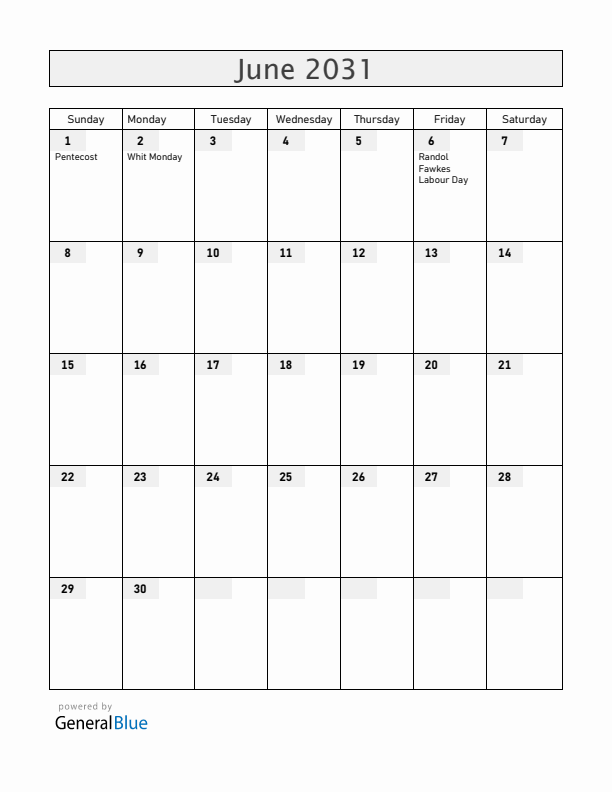 Bahamas June 2031 Calendar with Holidays
