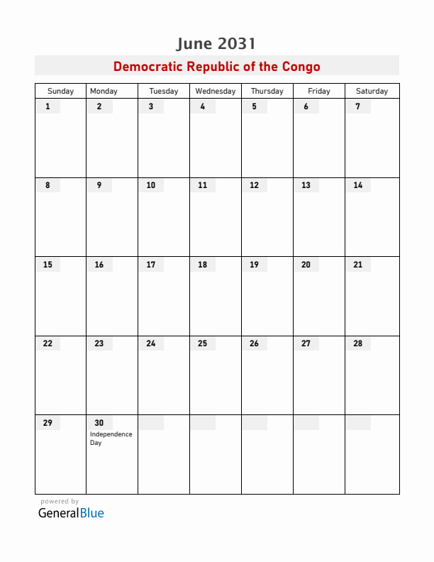 Democratic Republic of the Congo June 2031 Calendar with Holidays