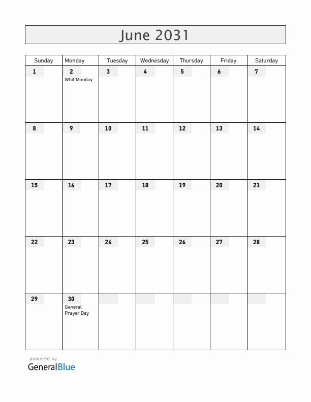 Central African Republic June 2031 Calendar with Holidays