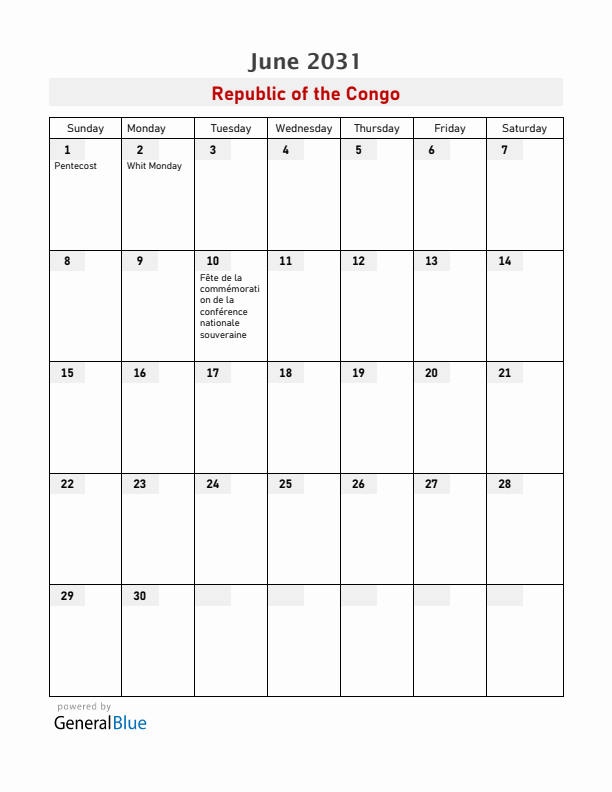 Republic of the Congo June 2031 Calendar with Holidays