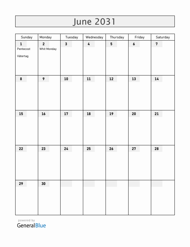 Switzerland June 2031 Calendar with Holidays