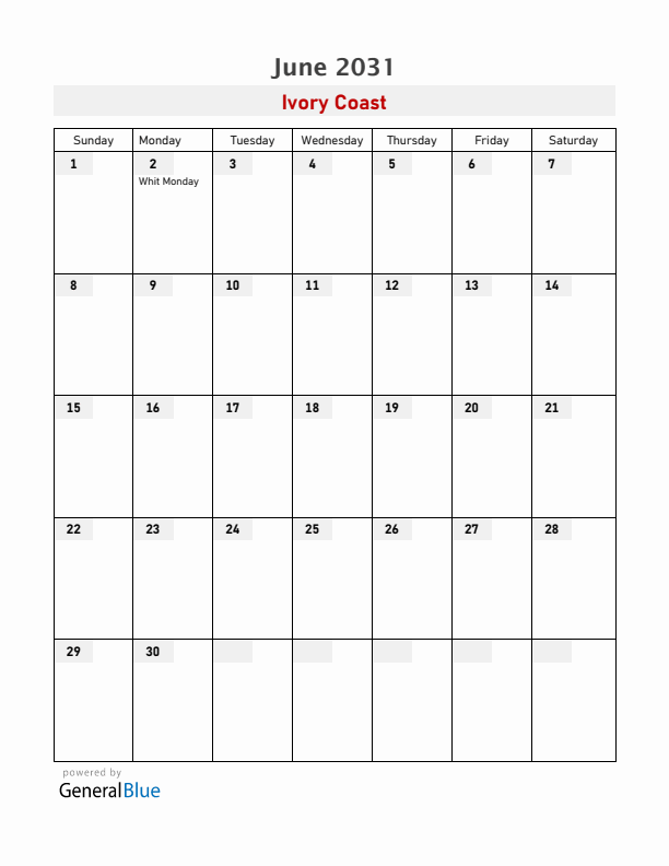 Ivory Coast June 2031 Calendar with Holidays