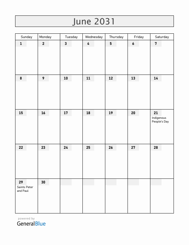 Chile June 2031 Calendar with Holidays