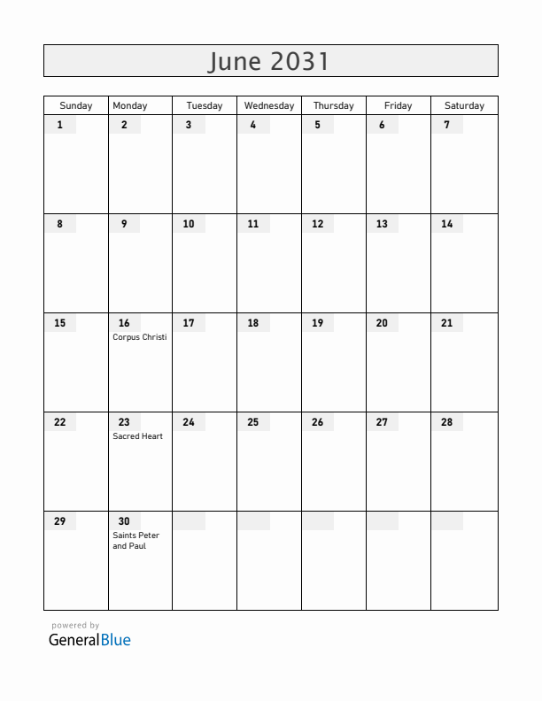 Colombia June 2031 Calendar with Holidays