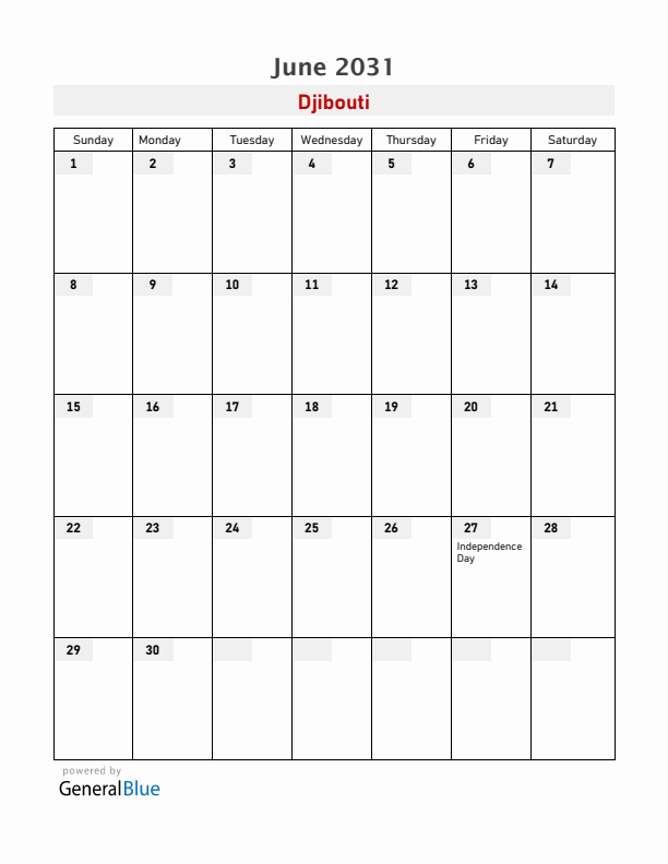 Djibouti June 2031 Calendar with Holidays