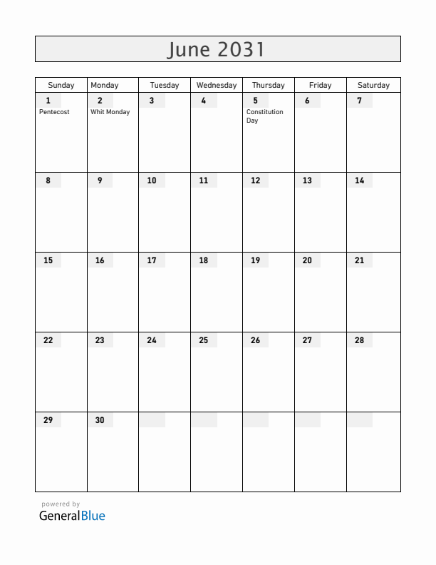 Denmark June 2031 Calendar with Holidays