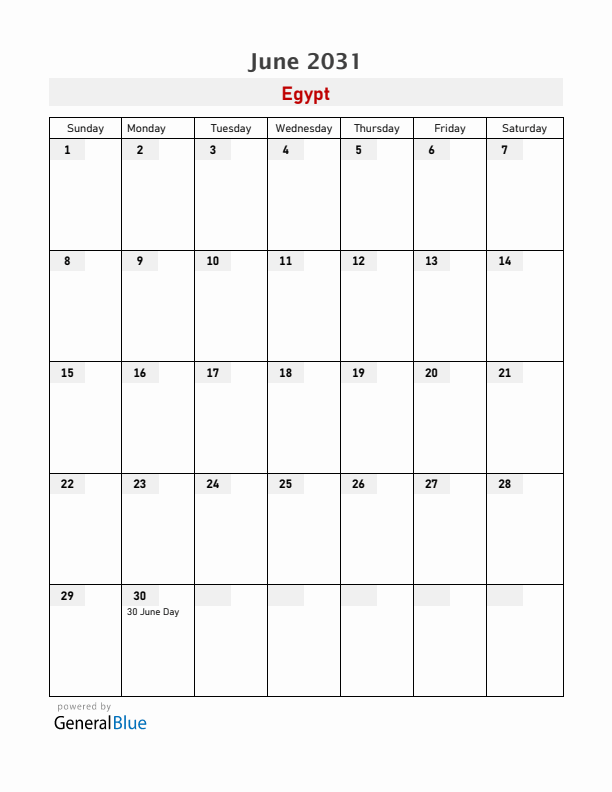 Egypt June 2031 Calendar with Holidays