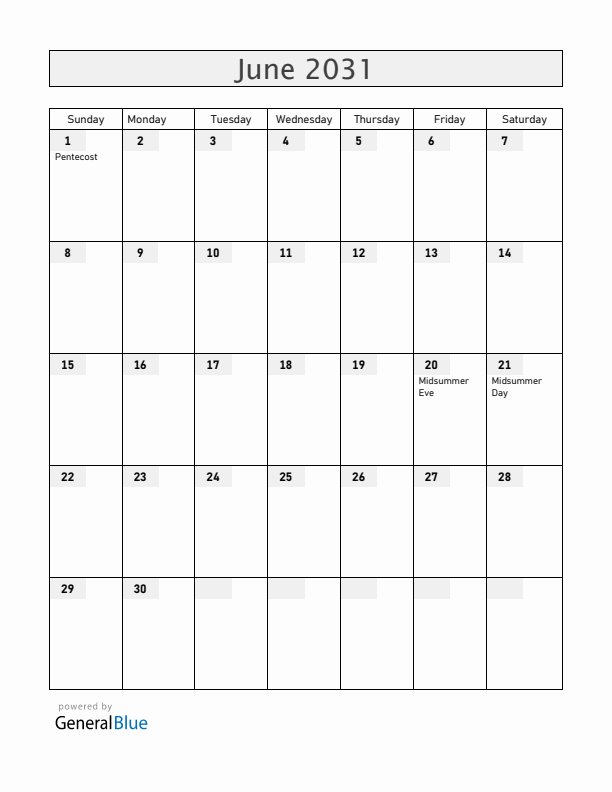 Finland June 2031 Calendar with Holidays