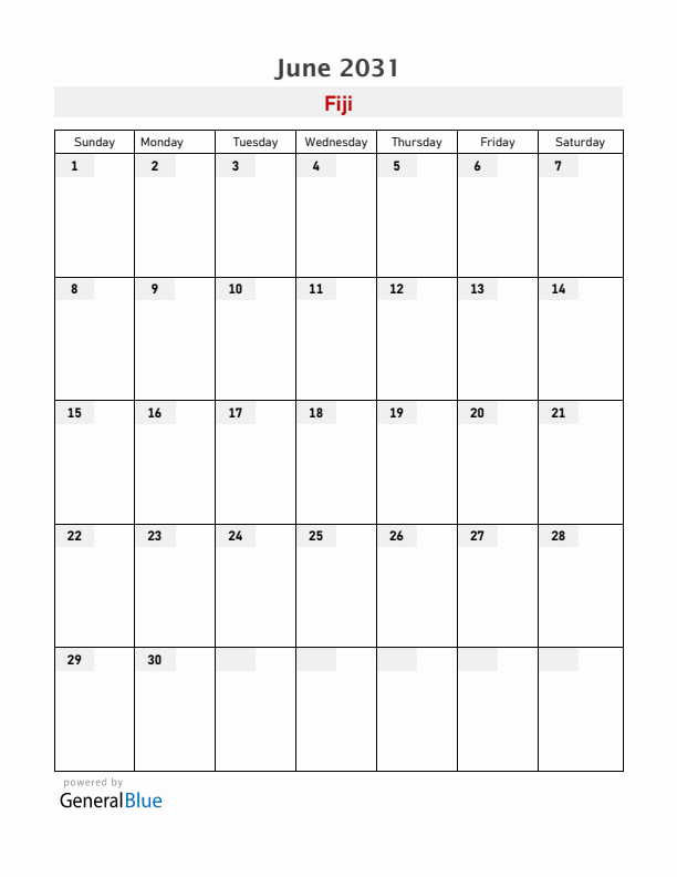 Fiji June 2031 Calendar with Holidays