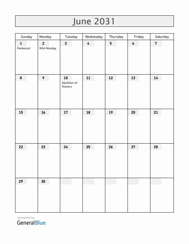 French Guiana June 2031 Calendar with Holidays