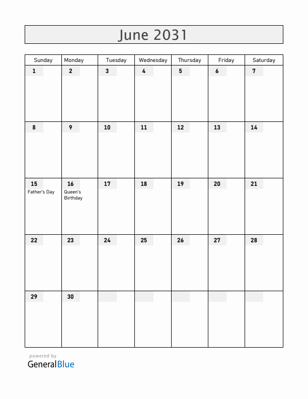 Gibraltar June 2031 Calendar with Holidays