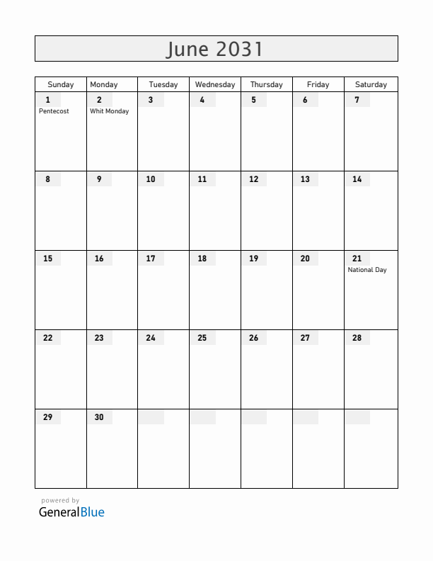 Greenland June 2031 Calendar with Holidays