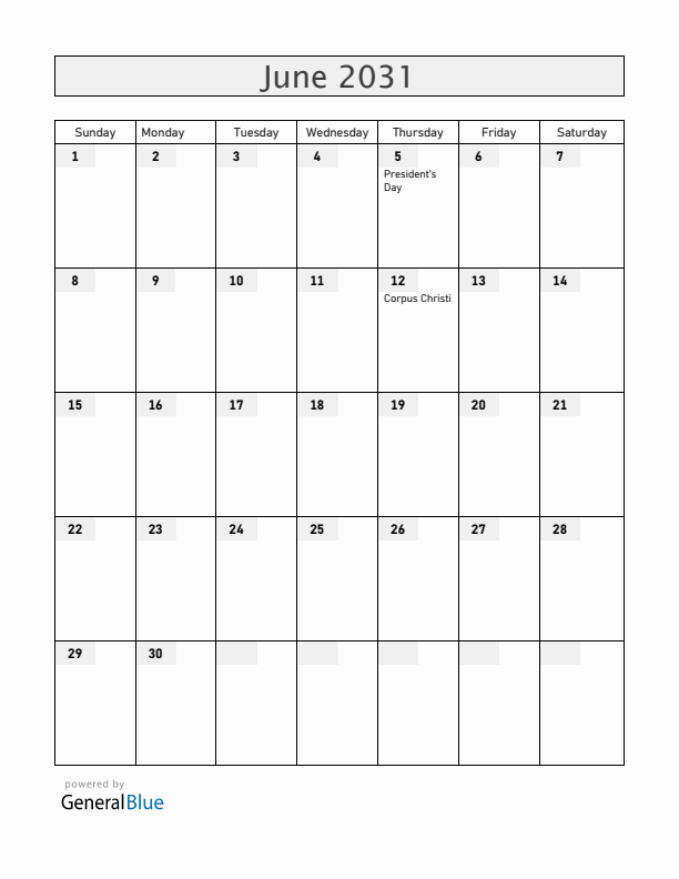 Equatorial Guinea June 2031 Calendar with Holidays