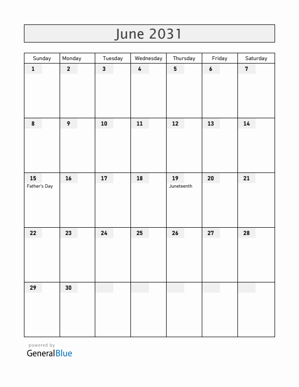 Guam June 2031 Calendar with Holidays