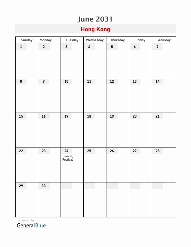 Hong Kong June 2031 Calendar with Holidays
