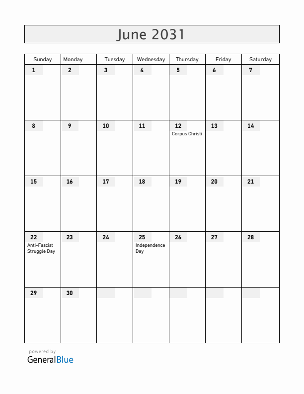 Croatia June 2031 Calendar with Holidays