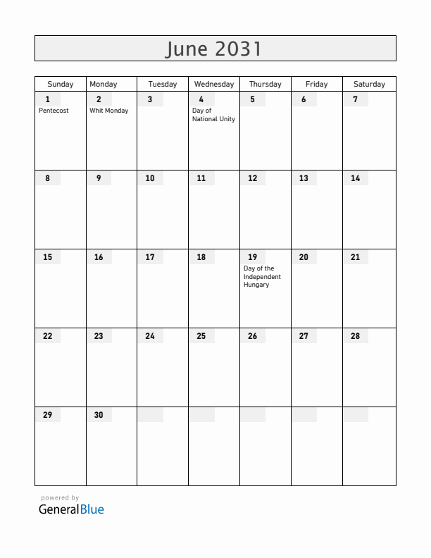 Hungary June 2031 Calendar with Holidays