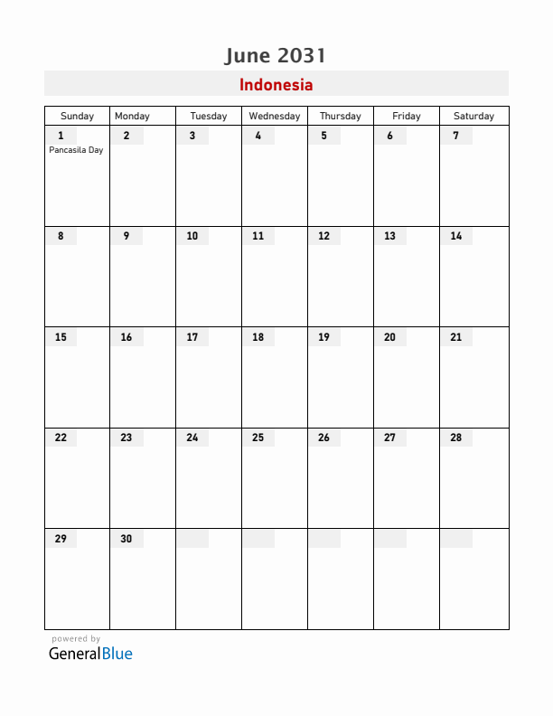 Indonesia June 2031 Calendar with Holidays