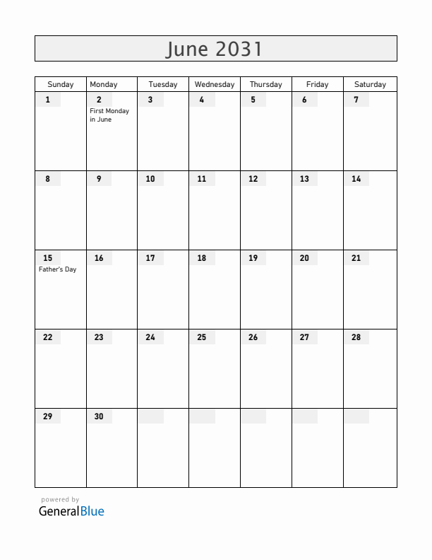 Ireland June 2031 Calendar with Holidays