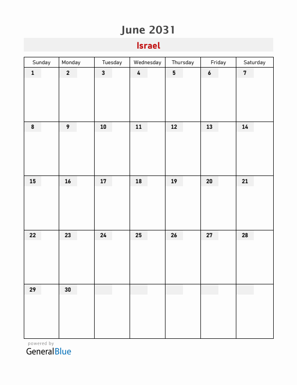 Israel June 2031 Calendar with Holidays