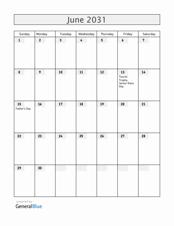 Isle of Man June 2031 Calendar with Holidays