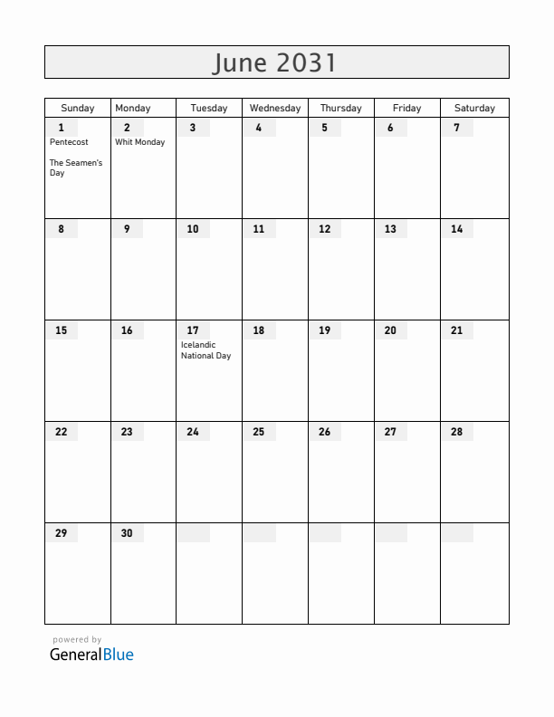Iceland June 2031 Calendar with Holidays